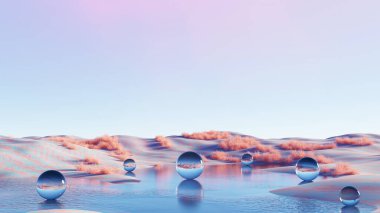 3D çizim, gerçeküstü manzara pastel çölde yüzen cam küreler rüya gibi arka planı yansıtıyor.