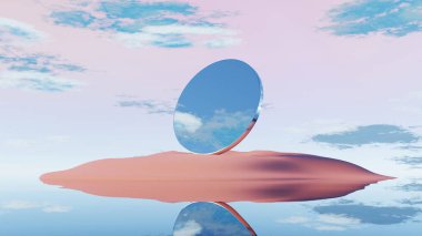 3 boyutlu dev dairesel ayna heykeli gökyüzü yansımalı pembe kumlar üzerinde