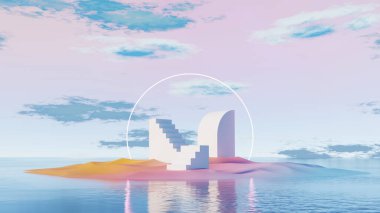 3D görüntüleme, soyut geometrik merdivenler ve Pastel Adası 'nda yansıması olan eğri bir yapı.