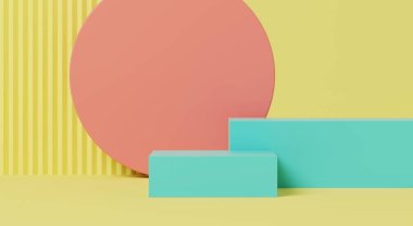 3D görüntüleme, en az pastel podyum, sarı arkaplanda geometrik şekiller.
