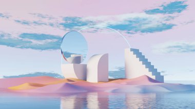 Pastel çöl manzarasında geometrik yapılara sahip 3D görüntüleme, fütüristik ayna yayı