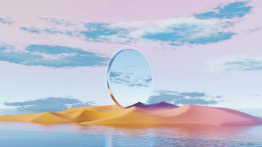 3D görüntüleme, gerçeküstü manzara Pastel çöl ve su üzerinde dev yansıtıcı halka ile