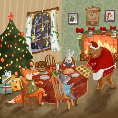 Şirin hayvanlarla, Noel ağacıyla dolu Noel sahnesi. 