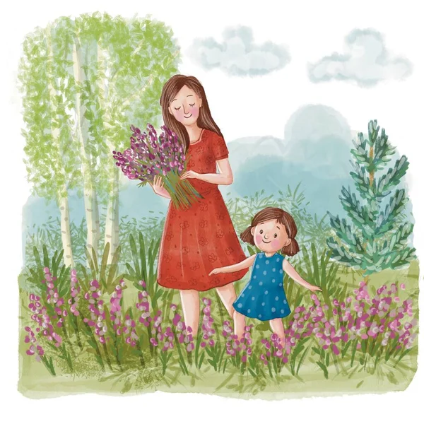 Illustratie Met Moeder Dochter Lopend Lavendel — Stockfoto