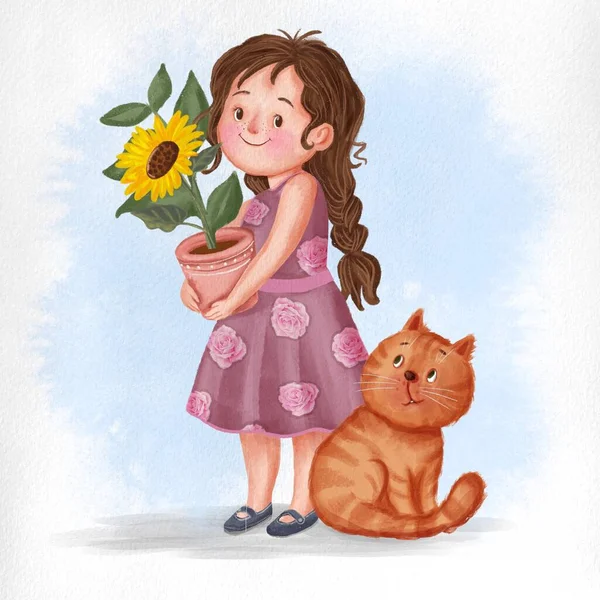 Süßes Mädchen Mit Sonnenblume Topf Mit Katze — Stockfoto