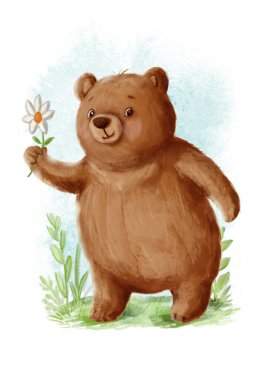 karikatür şirin suluboya ayı çiçekleri tutuyor 