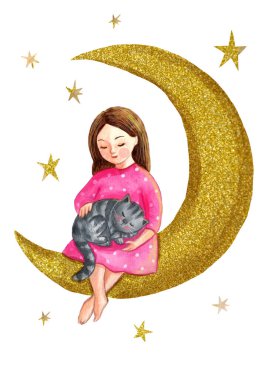 Gece gökyüzünde kedisi olan sevimli küçük bir kız. 