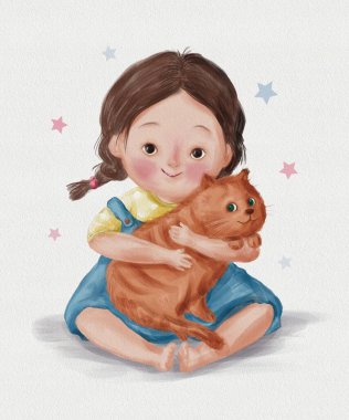 sevimli kız onu kedi holding