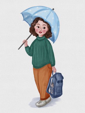 Şemsiyenin altında çantası olan tatlı kız.