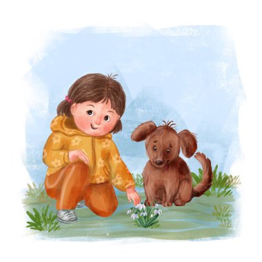 Köpeği ve bahar çiçeğiyle tatlı bir kız.