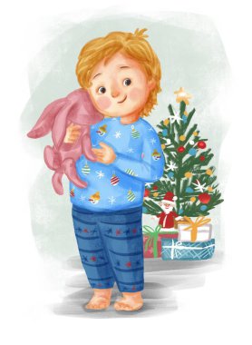 Tavşan oyuncağı ve Noel ağacı olan sevimli çocuk.
