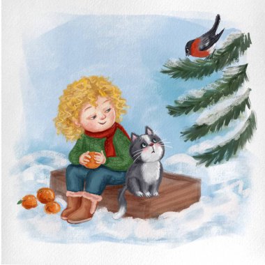 cute girl with cat in winter  clipart