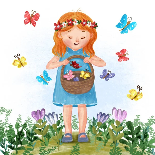 Cute Girl Basket Butterflies — Stock Photo, Image