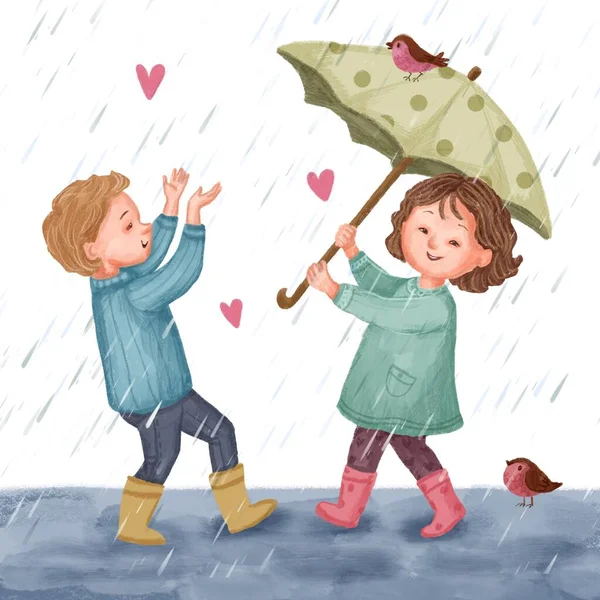 Yağmurun Altında Oynayan Sevimli Çocuklar — Stok fotoğraf