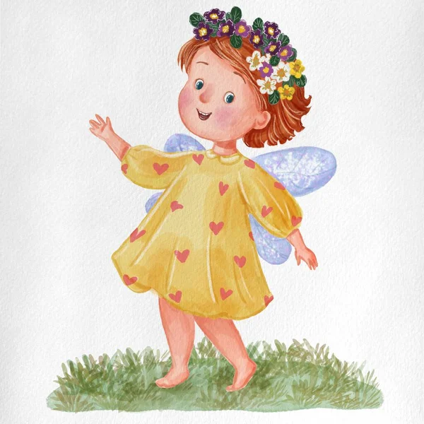 Cute flower fairy with wings and flower crown