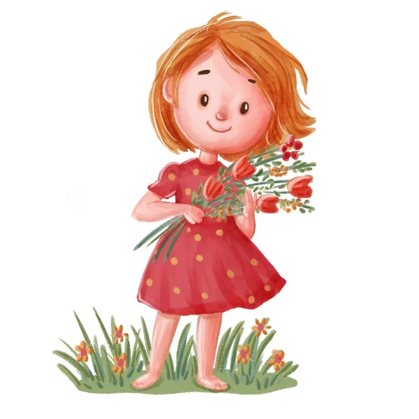 Menina Bonito Com Buquê Floral Vestido Vermelho — Fotografia de Stock