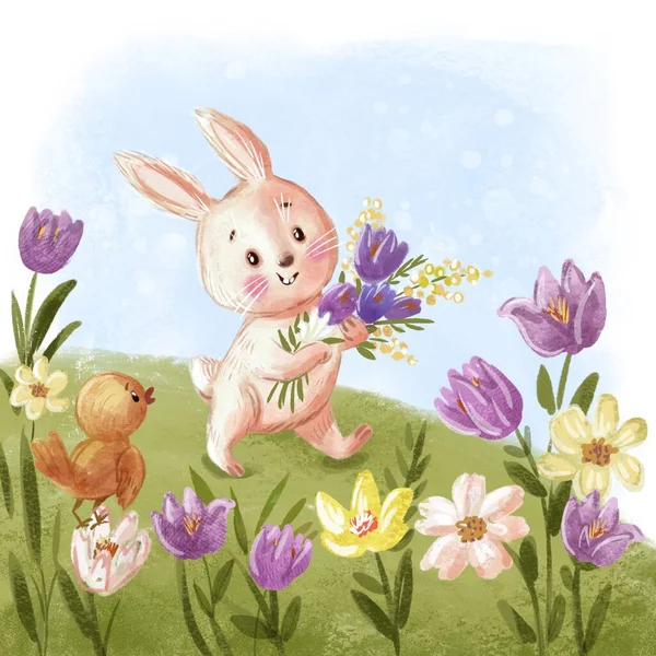 花束を持ったウサギの散歩 — ストック写真