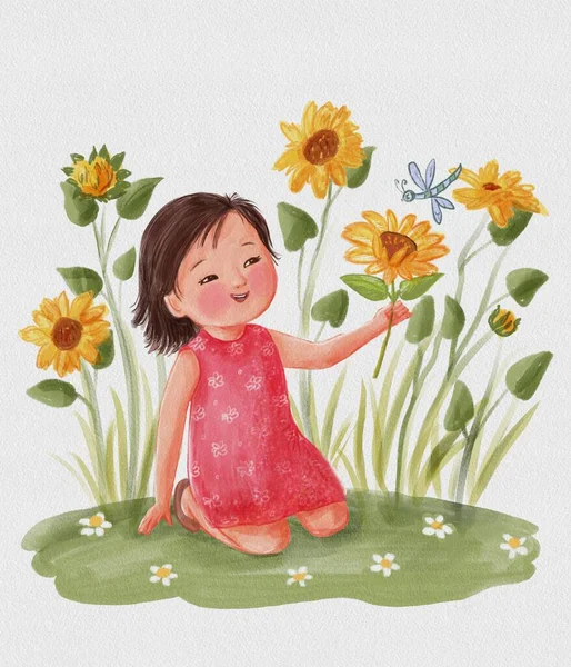 花と遊ぶかわいい女の子 — ストック写真