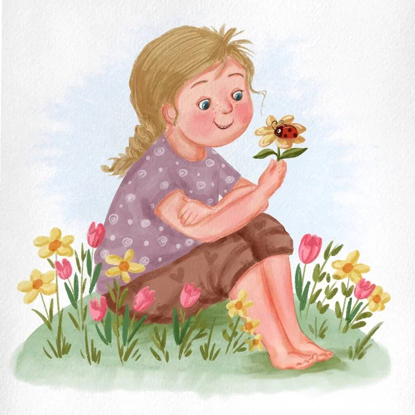 可愛いです女の子座って花とてんとう虫 — ストック写真