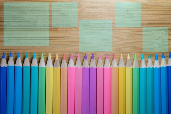 Pattern Colored Pencils Placed Straight Row Pencil Tips Close Wooden — Stock Photo, Image