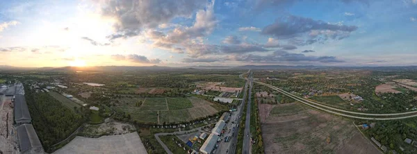 Panoramic Aerial View Beautiful Countryside Local Road Green Trees Evening — Stock Photo, Image