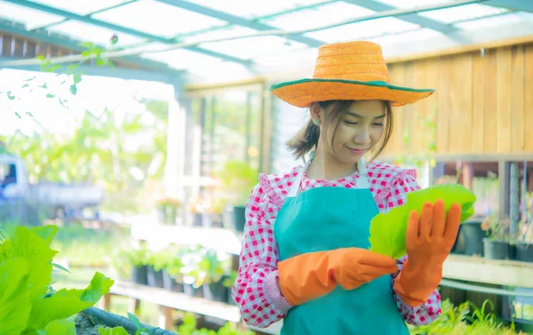 Beautiful Asian Farmer Stands Amidst Her Bountiful Vegetable Garden Holding — Stock Photo, Image