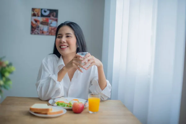 Beautiful Asian Girl Sitting Joyful Her Breakfast Smile Her Face — Stock Photo, Image