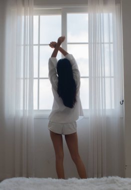 Güzel bir kadının dikey resmi arkası pencereye dönük ve elleri hafif bir ışıkla çaprazlanmış olarak duruyordu..