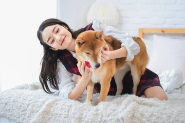 Güzel Asyalı kadın ve köpeği yatak odasındaki yatakta oyun oynuyorlar..