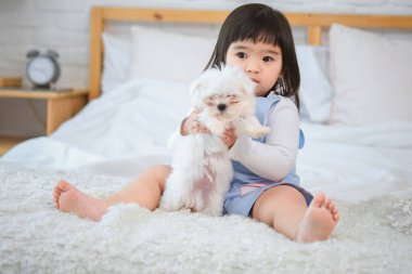 Küçük kız, beyaz köpeği göğsüne yakın tutuyor. Yumuşak tüylerini teninde hissediyor..