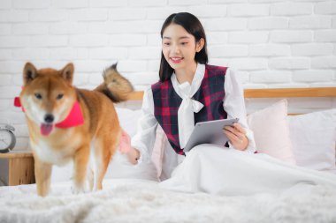 Sakin bir ifadeyle, güzel Asyalı kadın tabletini tuttu ve rahat yatak odasındaki yatağında tüylü köpeğin arkadaşlığından keyif aldı..