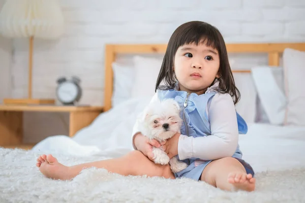 Little Girl Eyes Sparkled Joy She Held Her Furry Friend — Stock Photo, Image