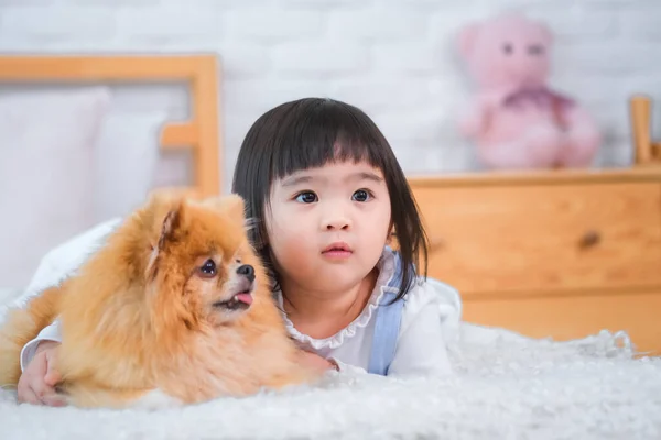 Little Girl Lay Bed Her Furry Friend She Held Tightly — Stock Photo, Image