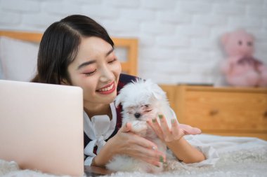 Güzel Asyalı kız, yatak odasında yanında dizüstü bilgisayarla sevimli beyaz köpekle oynamaktan mutlu.