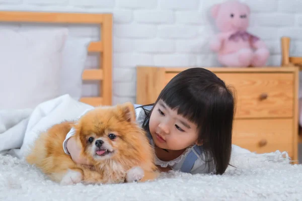 소녀가 강아지를 포옹하고 행복하게 그를바라보며 침대에 — 스톡 사진