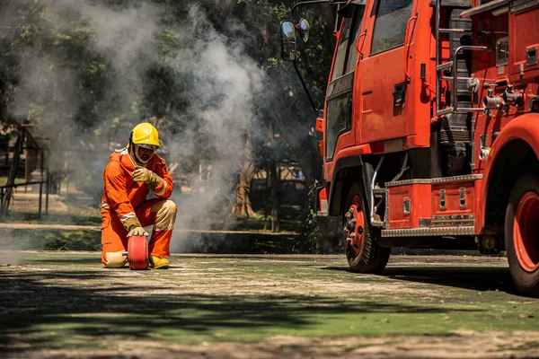Firefighter Kneeling Position Demonstrates Commitment Dedication Serving Community Ready Face — Stock Photo, Image