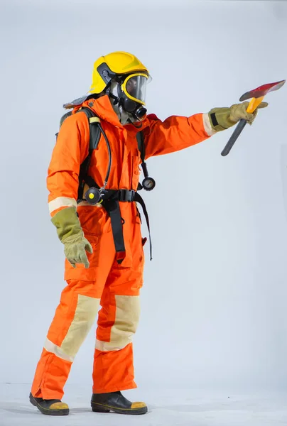 Plain White Background Firefighter Intense Gaze Steady Stance While Holding — Stock Photo, Image