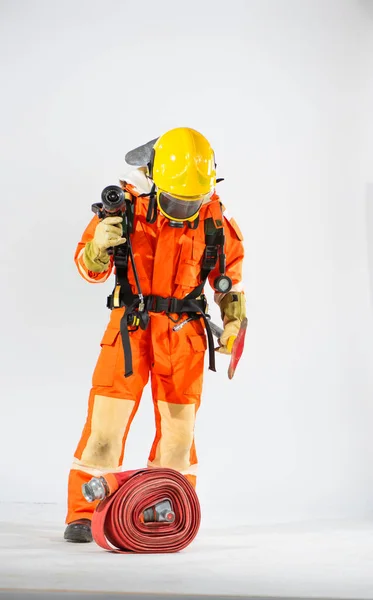 Firefighter Wearing Yellow Hard Hat Stands Looked White Background One — Stock Photo, Image