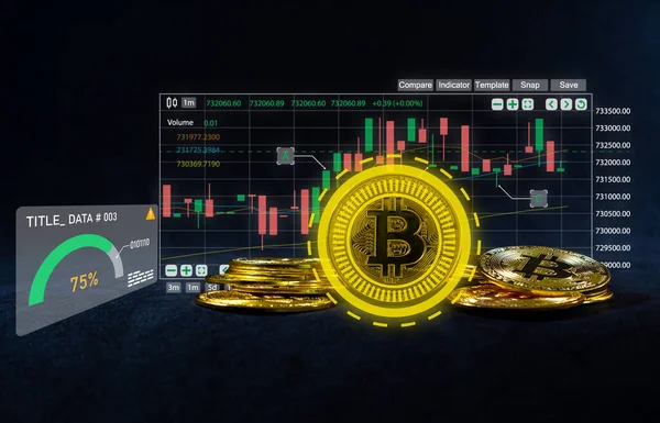 暗号通貨 Bitcoin株式の成長 チャートは ビットコインの価格の大幅な上昇 仮想資産への投資を示しています チャートとビットコインを備えた投資プラットフォーム — ストック写真