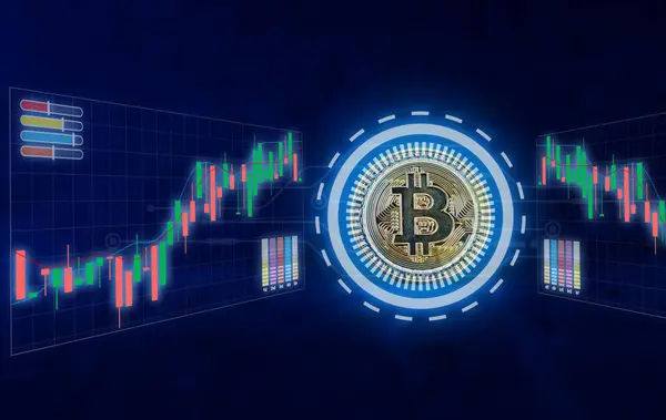 Bitcoin Moneda Oro Centrado Fondo Gráfico Concepto Criptomoneda Virtual Bitcoin — Foto de Stock