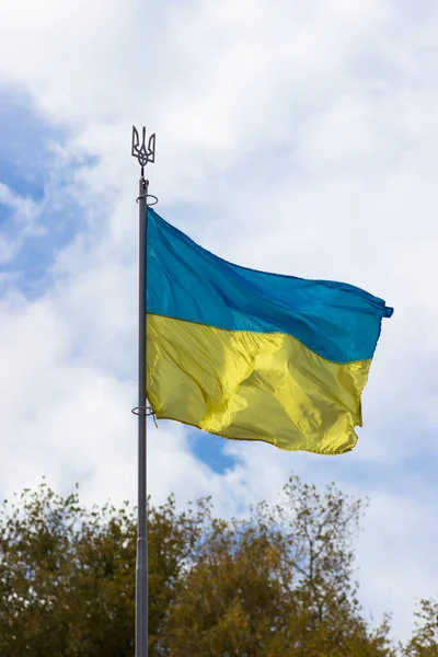 Флаг Украины Машущий Ветру Сине Жёлтый Флаг Гербом — стоковое фото