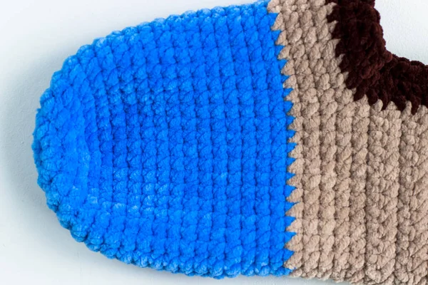 Slippers Made Blue Brown Plush Yarn Knitted Slippers White Background — Stock Photo, Image
