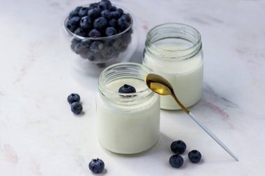 Yabanmersinli ev yapımı yoğurt. Beyaz arka planda kavanozlarda yoğurt