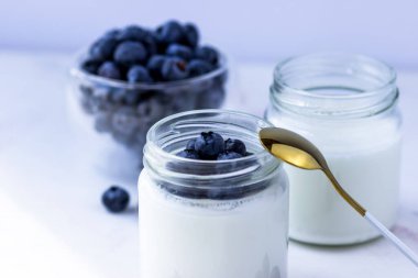 Yabanmersinli ev yapımı yoğurt. Beyaz arka planda kavanozlarda yoğurt