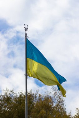 Blue-yellow flag with trident. Flag and coat of arms of Ukraine. Flag waving in the wind