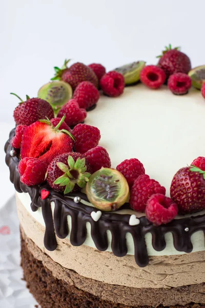 Торт Три Шоколада Клубникой Малиной Крыжовником — стоковое фото