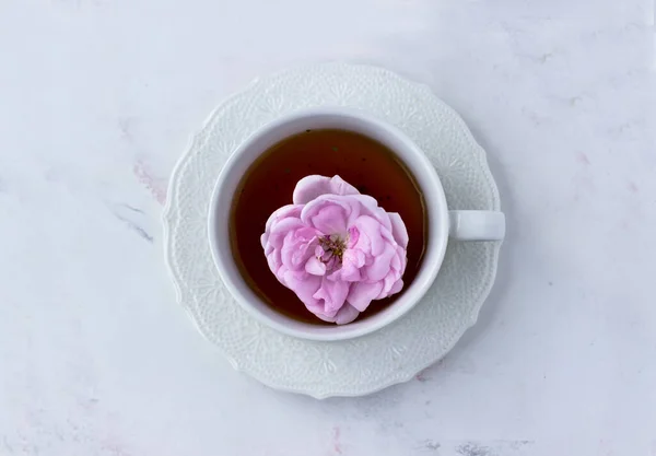 Cup Tea Tea Rose White Marble Background Good Morning Top — Fotografia de Stock