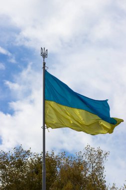 Blue-yellow flag with trident. Flag and coat of arms of Ukraine. Flag waving in the wind