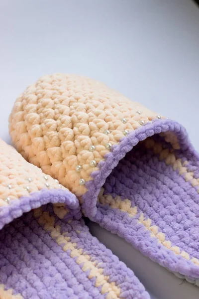 Warm Knitted Women Slippers Gift Care Knitting Hobbies — Fotografia de Stock