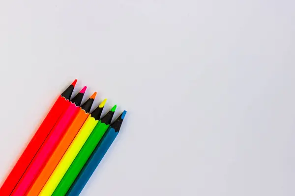 Banner Multi Colored Pencils White Background Bright Rainbow Children Pencils — Fotografia de Stock